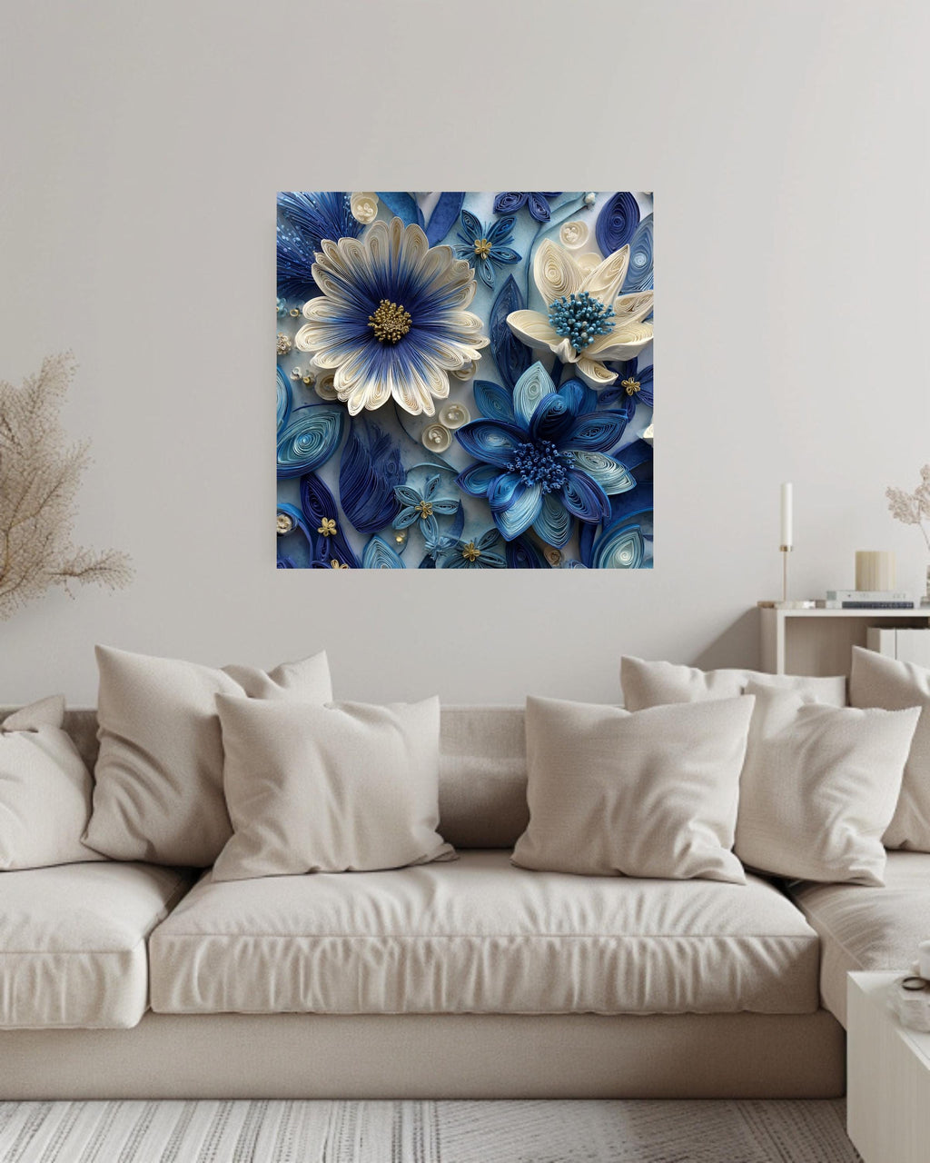 Blue and White Paper Quilling Flowers Canvas, Intricate Floral Art, Handmade 3D Wall Decor, Modern Botanical Framed Artwork