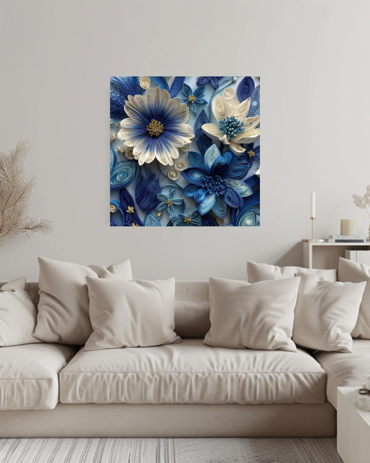 Blue and White Paper Quilling Flowers Canvas, Intricate Floral Art, Handmade 3D Wall Decor, Modern Botanical Framed Artwork
