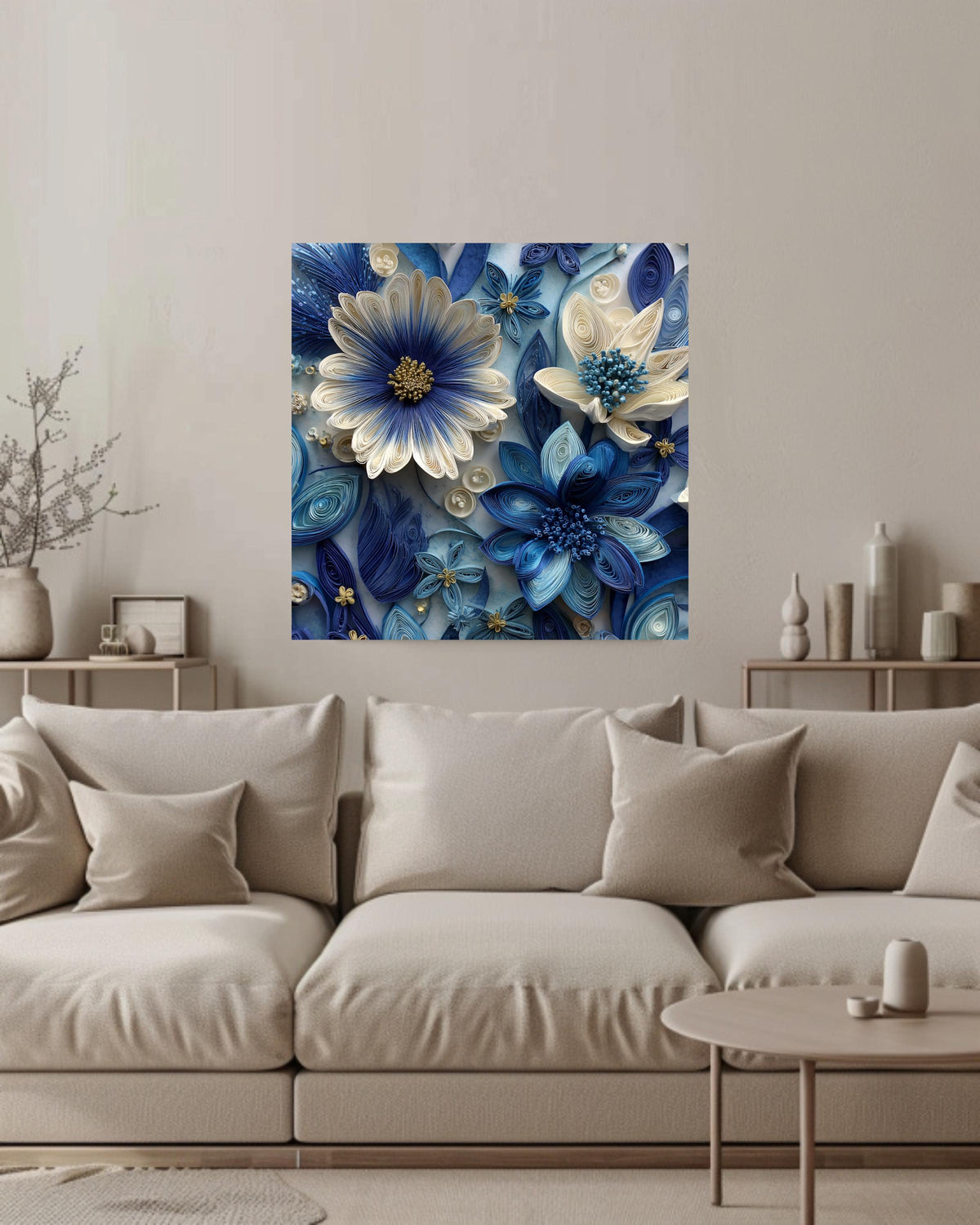 Blue and White Paper Quilling Flowers Canvas, Intricate Floral Art, Handmade 3D Wall Decor, Modern Botanical Framed Artwork