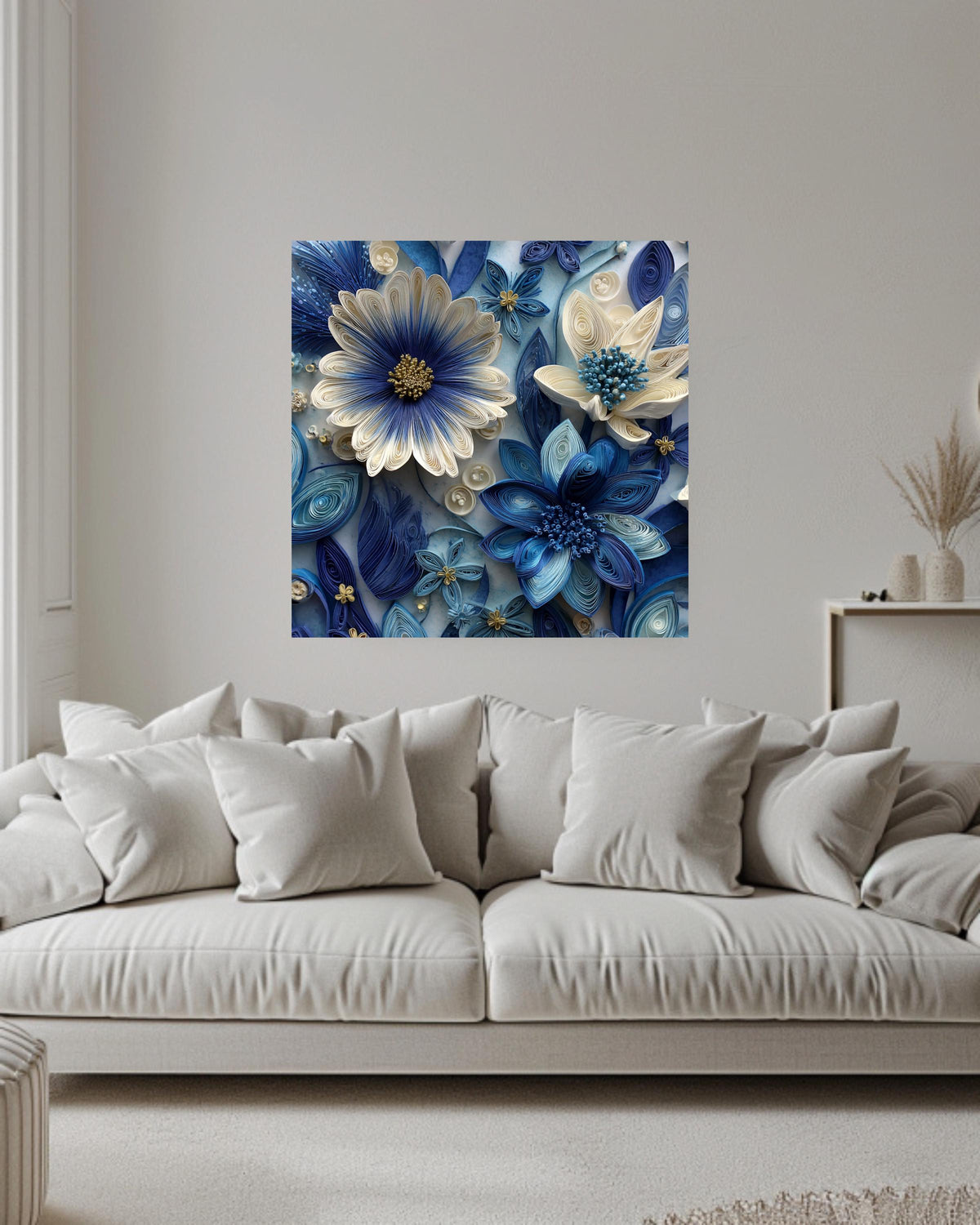 Blue and White Paper Quilling Flowers Canvas, Intricate Floral Art, Handmade 3D Wall Decor, Modern Botanical Framed Artwork