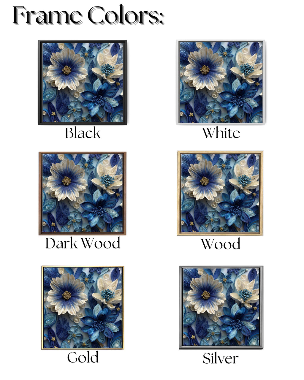 Blue and White Paper Quilling Flowers Canvas, Intricate Floral Art, Handmade 3D Wall Decor, Modern Botanical Framed Artwork