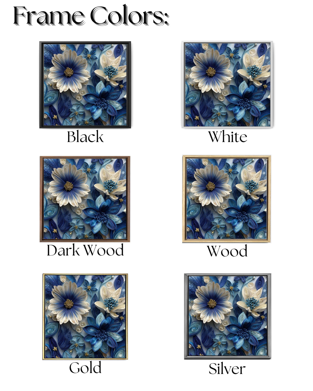 Blue and White Paper Quilling Flowers Canvas, Intricate Floral Art, Handmade 3D Wall Decor, Modern Botanical Framed Artwork