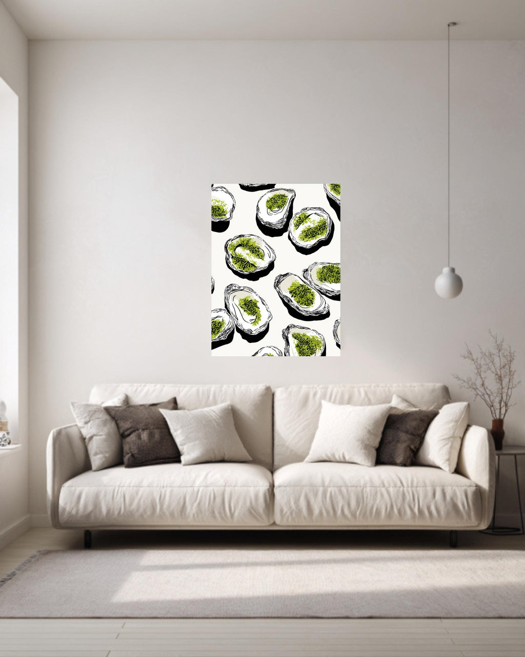 Black Oyster Tray Illustration Canvas, White Oysters with Green Moss, Minimalist Coastal Art, Bold Line Seafood Wall Decor