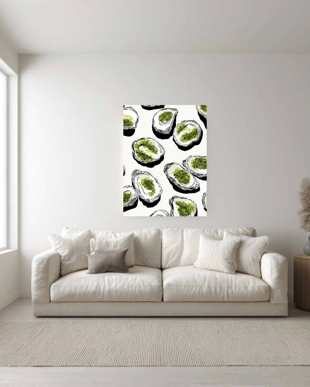 Black Oyster Tray Illustration Canvas, White Oysters with Green Moss, Minimalist Coastal Art, Bold Line Seafood Wall Decor