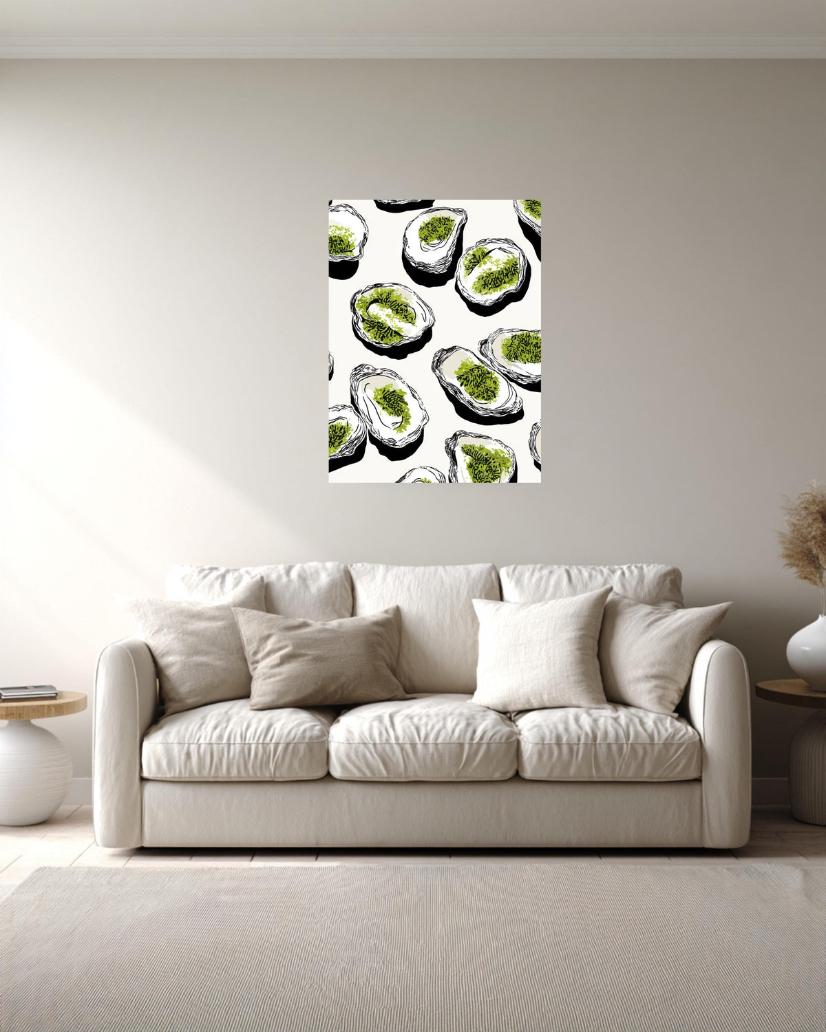 Black Oyster Tray Illustration Canvas, White Oysters with Green Moss, Minimalist Coastal Art, Bold Line Seafood Wall Decor