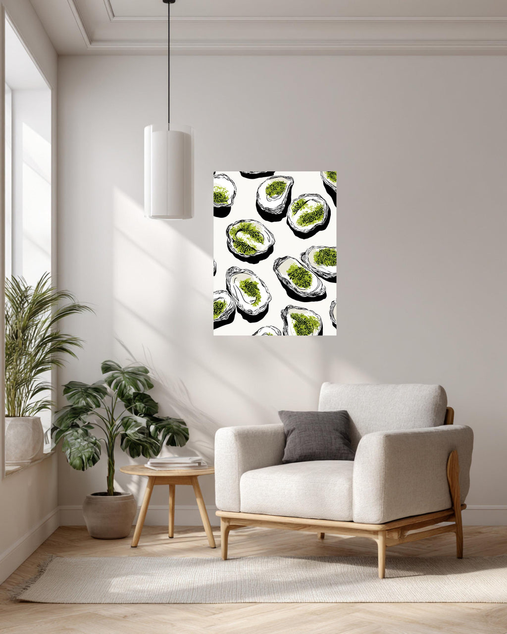 Black Oyster Tray Illustration Canvas, White Oysters with Green Moss, Minimalist Coastal Art, Bold Line Seafood Wall Decor