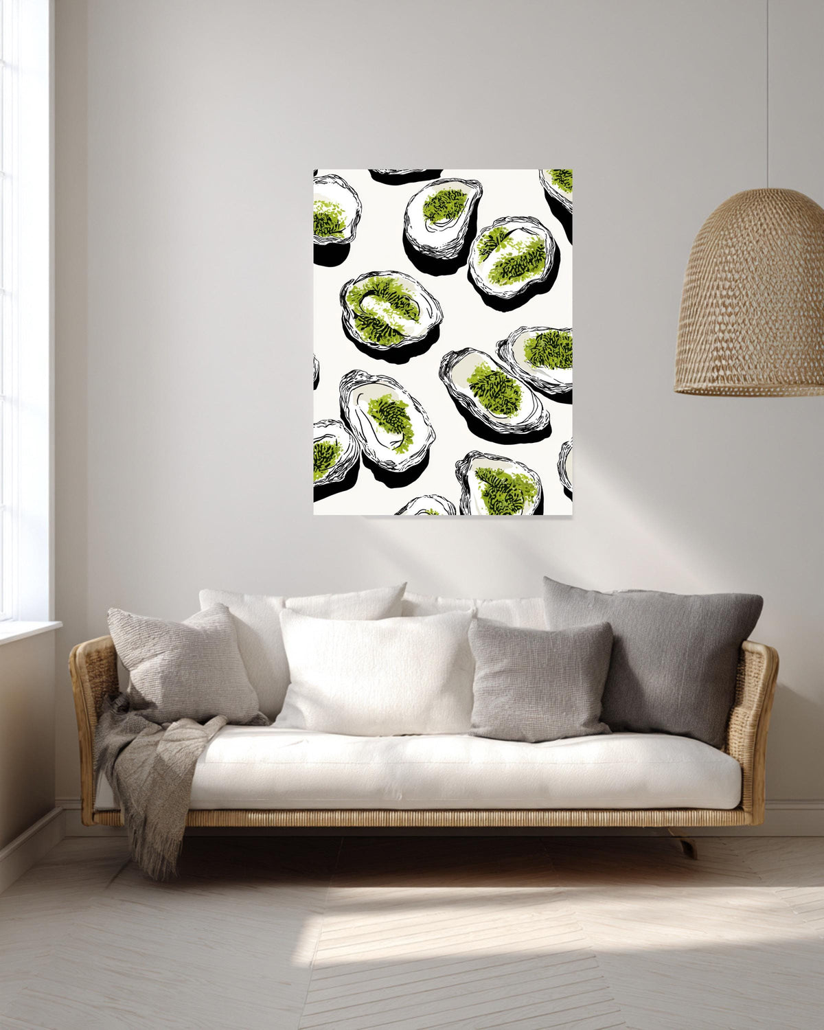 Black Oyster Tray Illustration Canvas, White Oysters with Green Moss, Minimalist Coastal Art, Bold Line Seafood Wall Decor