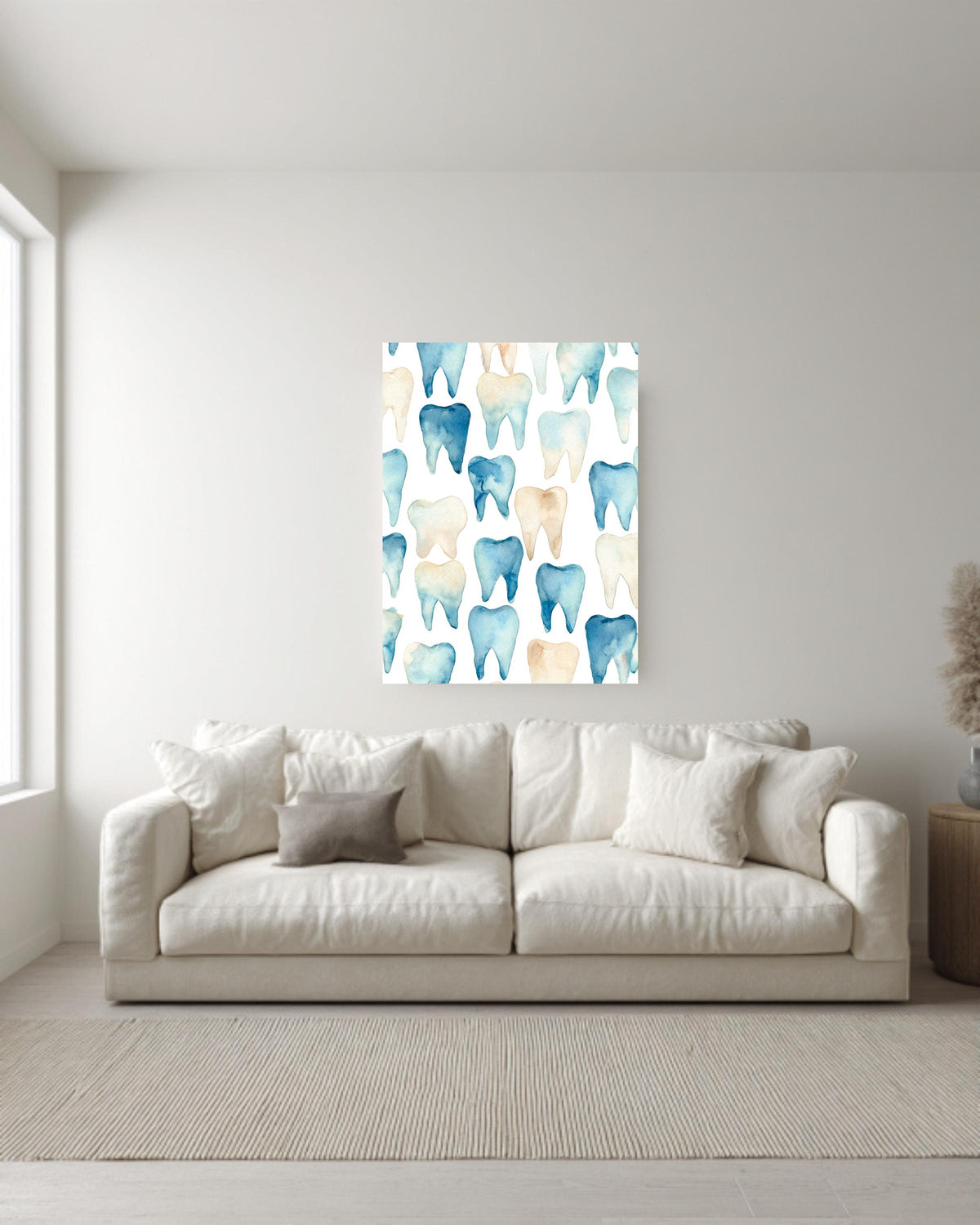 Watercolor Teeth Pattern Canvas, Simple Clean Dental Illustration, Blue and Beige Minimal Wall Art, Modern White Background Decor