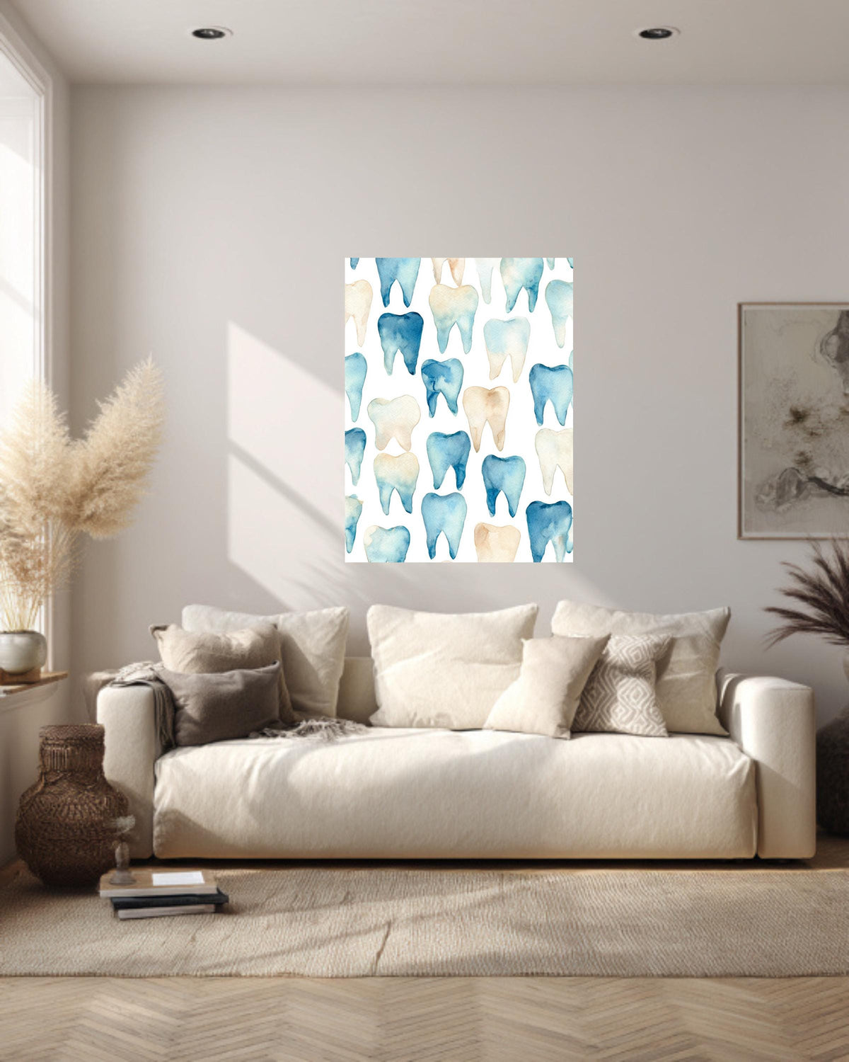 Watercolor Teeth Pattern Canvas, Simple Clean Dental Illustration, Blue and Beige Minimal Wall Art, Modern White Background Decor