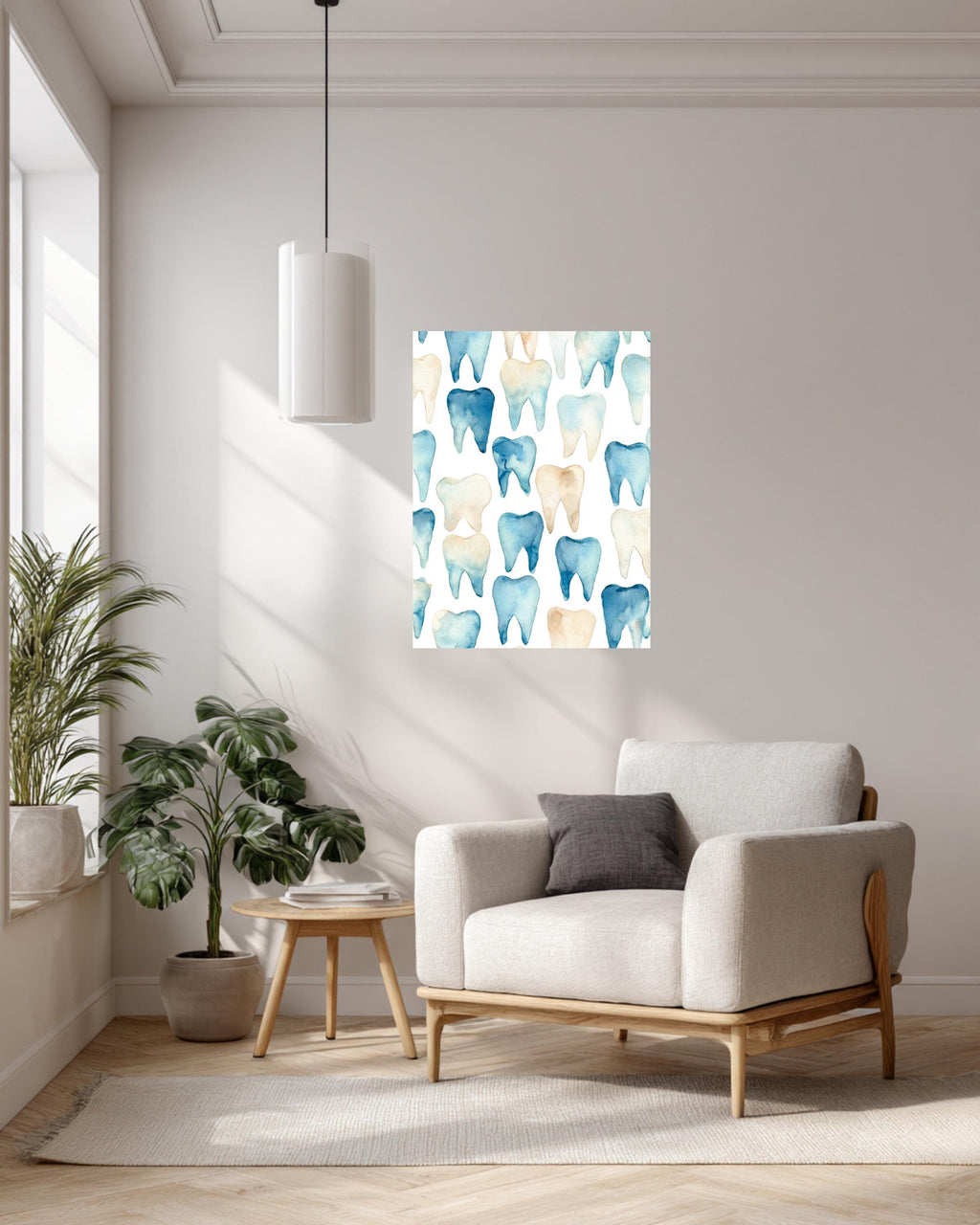 Watercolor Teeth Pattern Canvas, Simple Clean Dental Illustration, Blue and Beige Minimal Wall Art, Modern White Background Decor