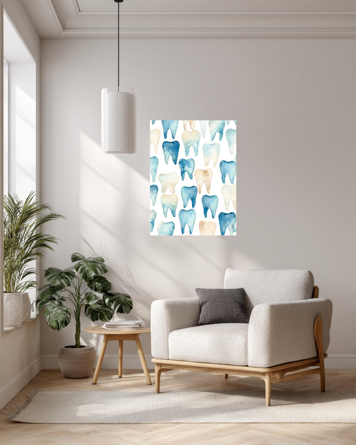 Watercolor Teeth Pattern Canvas, Simple Clean Dental Illustration, Blue and Beige Minimal Wall Art, Modern White Background Decor