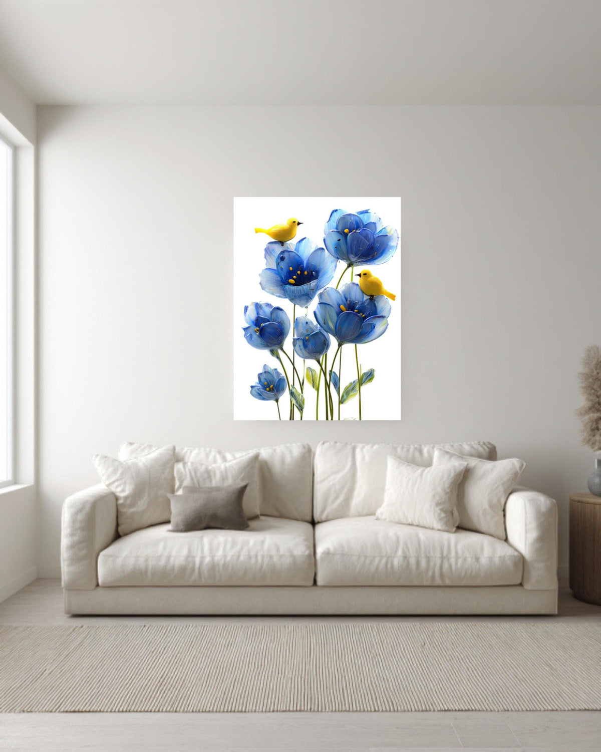 Blue Flower Canvas Painting, Yellow Birds, Playful Nursery Wall Decor
