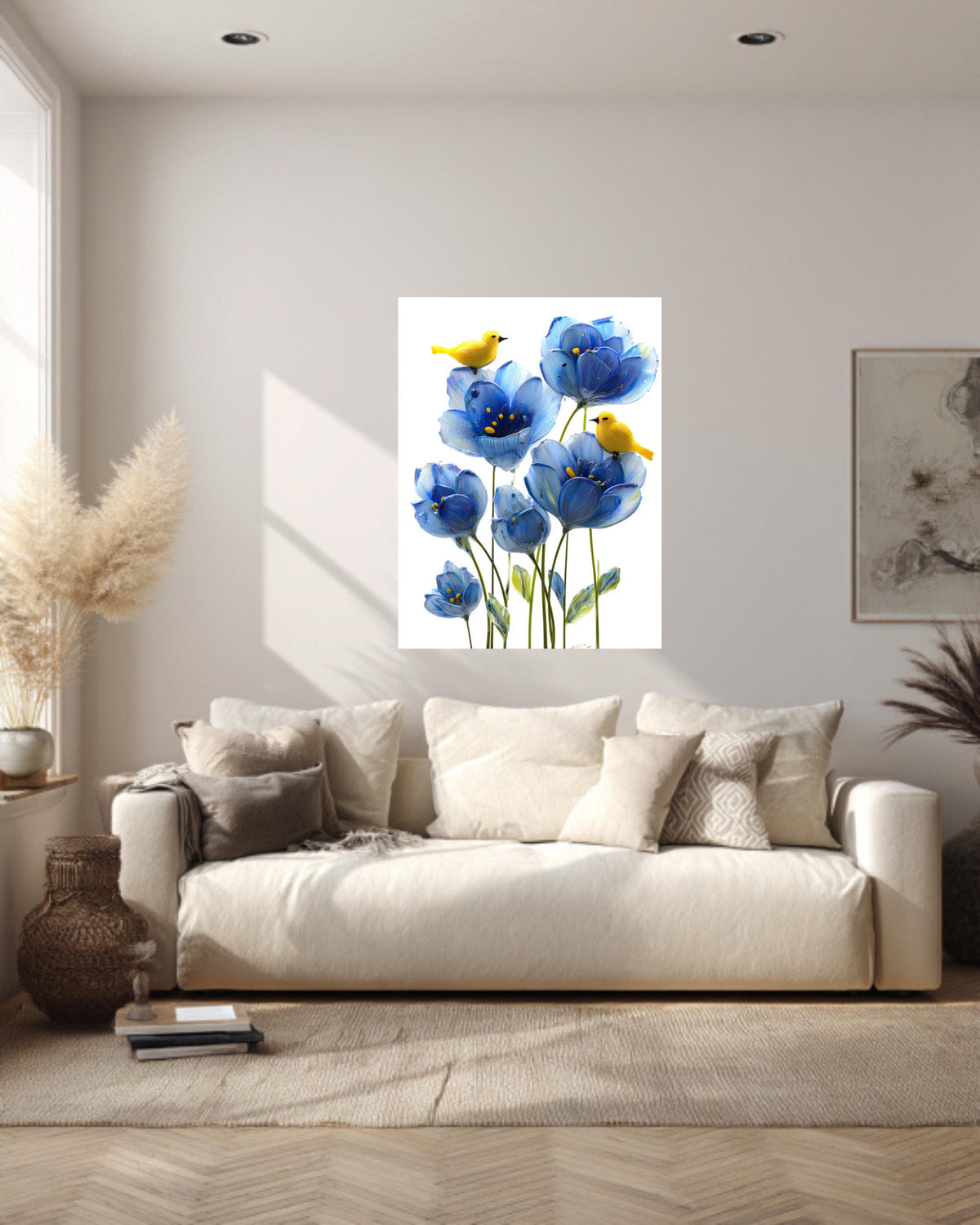Blue Flower Canvas Painting, Yellow Birds, Playful Nursery Wall Decor