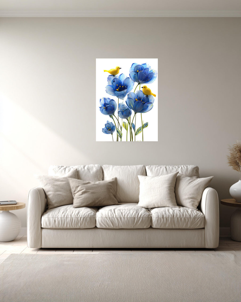 Blue Flower Canvas Painting, Yellow Birds, Playful Nursery Wall Decor