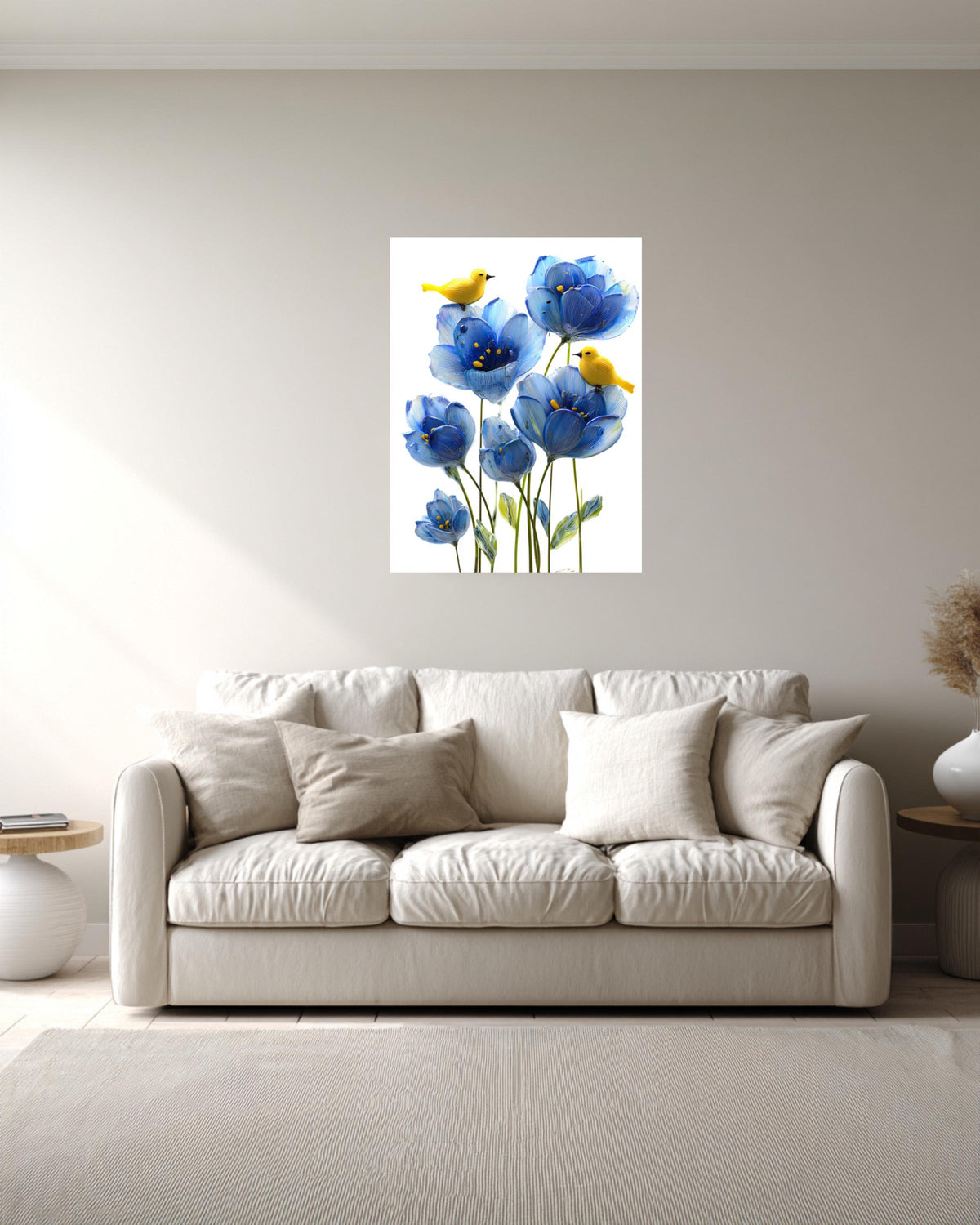 Blue Flower Canvas Painting, Yellow Birds, Playful Nursery Wall Decor