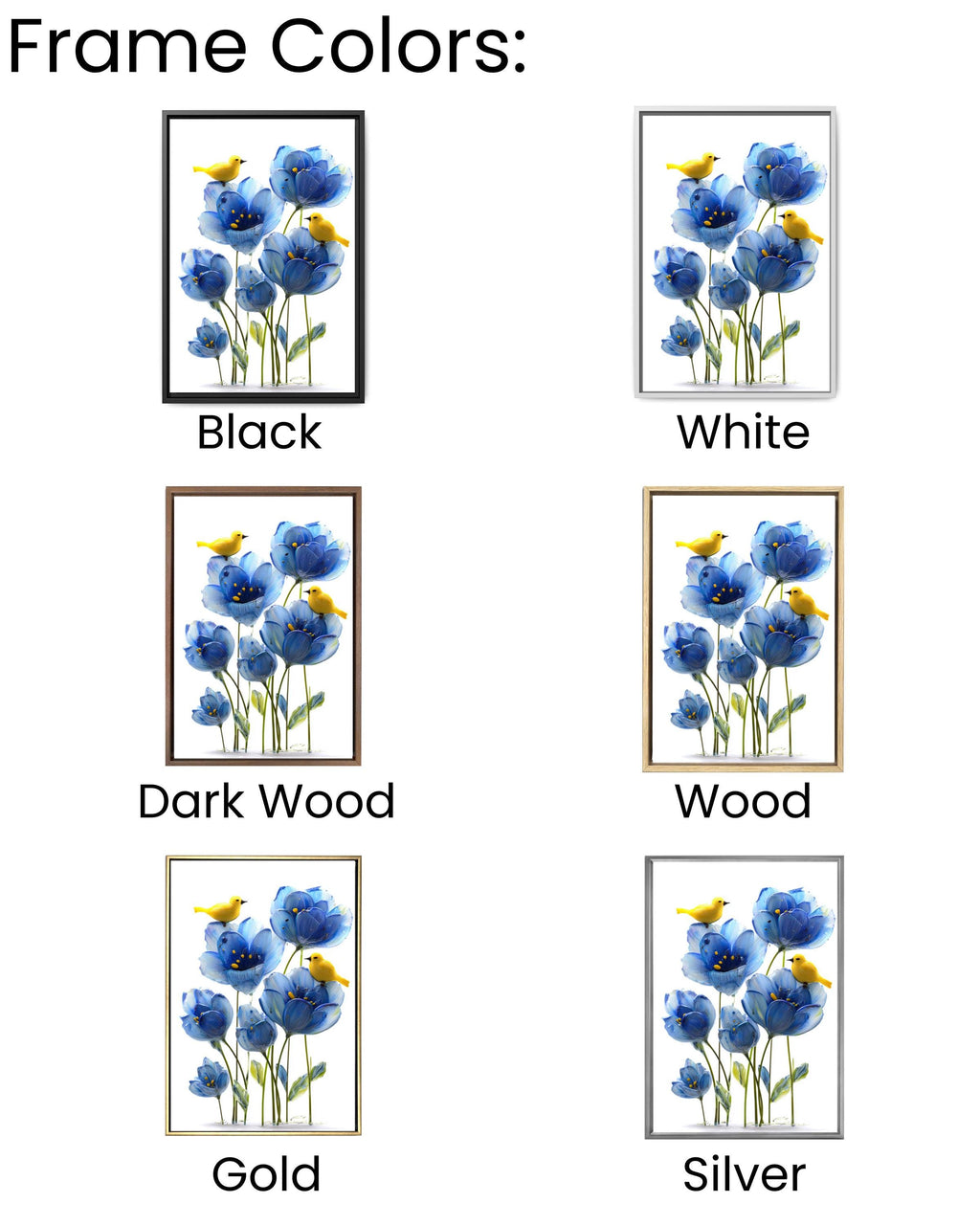 Blue Flower Canvas Painting, Yellow Birds, Playful Nursery Wall Decor