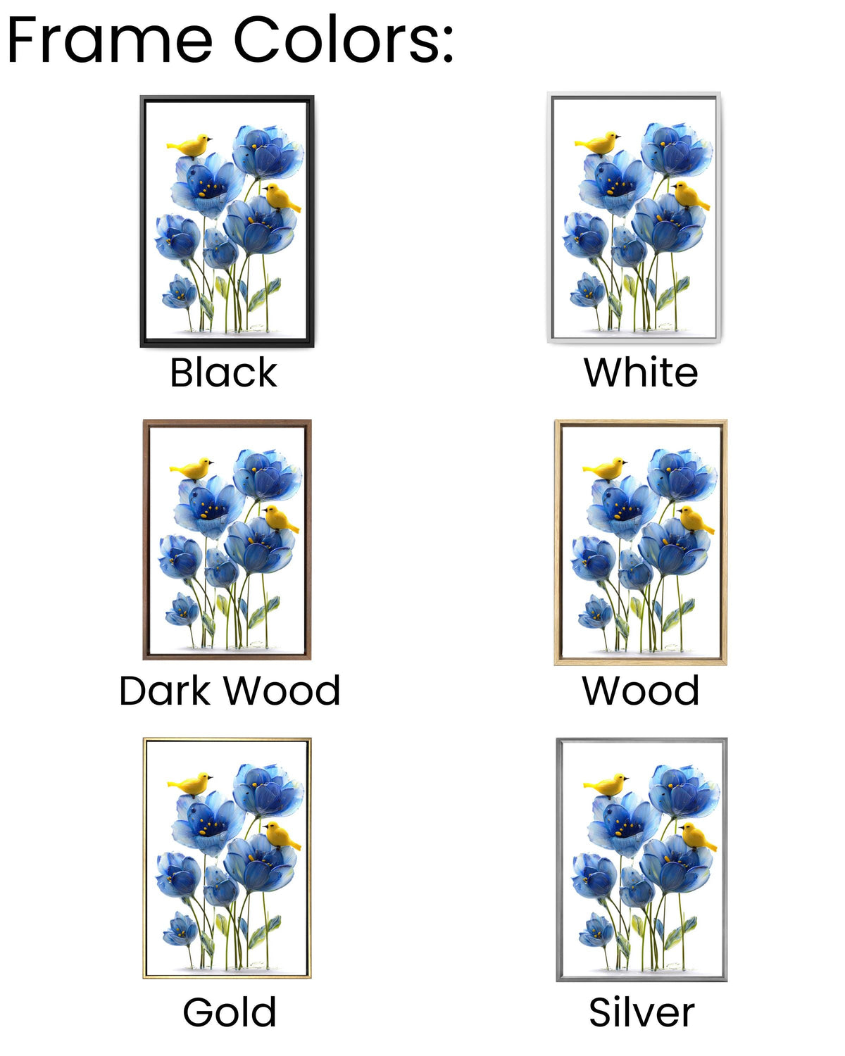 Blue Flower Canvas Painting, Yellow Birds, Playful Nursery Wall Decor