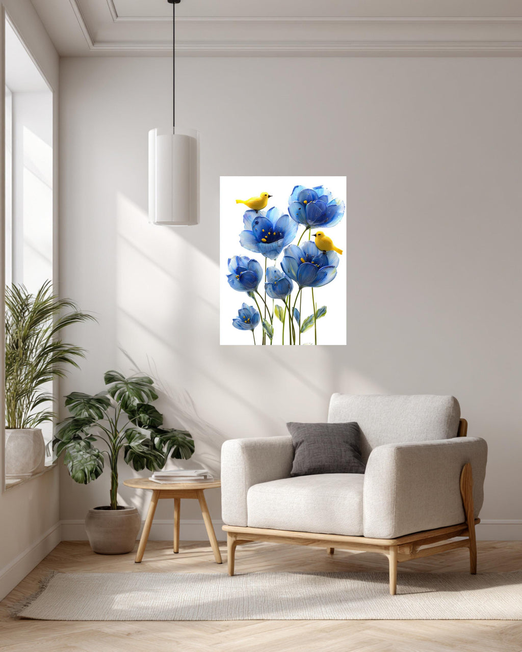 Blue Flower Canvas Painting, Yellow Birds, Playful Nursery Wall Decor