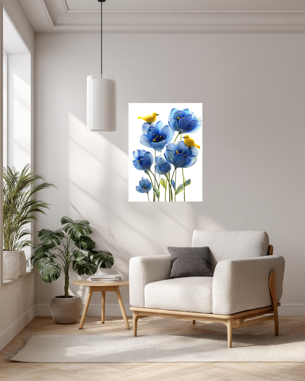 Blue Flower Canvas Painting, Yellow Birds, Playful Nursery Wall Decor