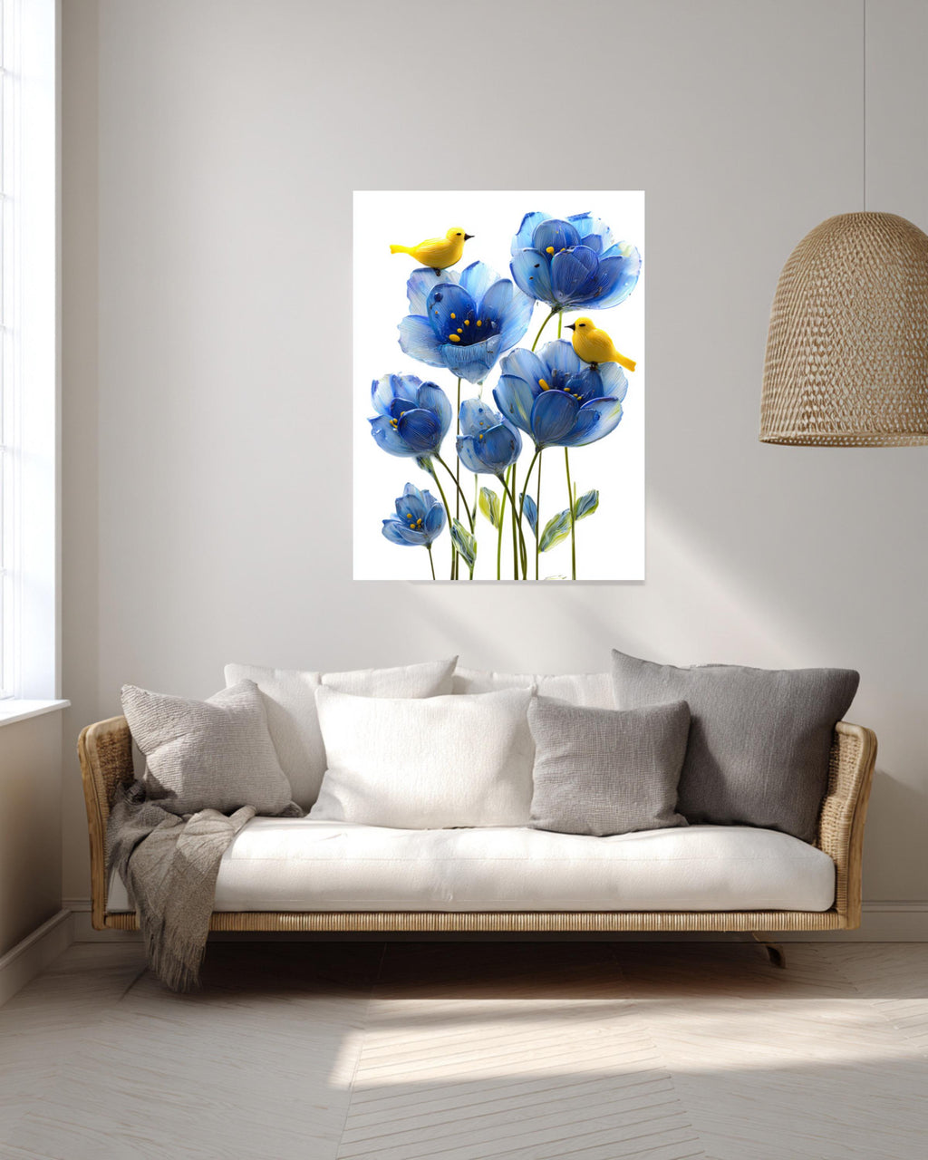 Blue Flower Canvas Painting, Yellow Birds, Playful Nursery Wall Decor