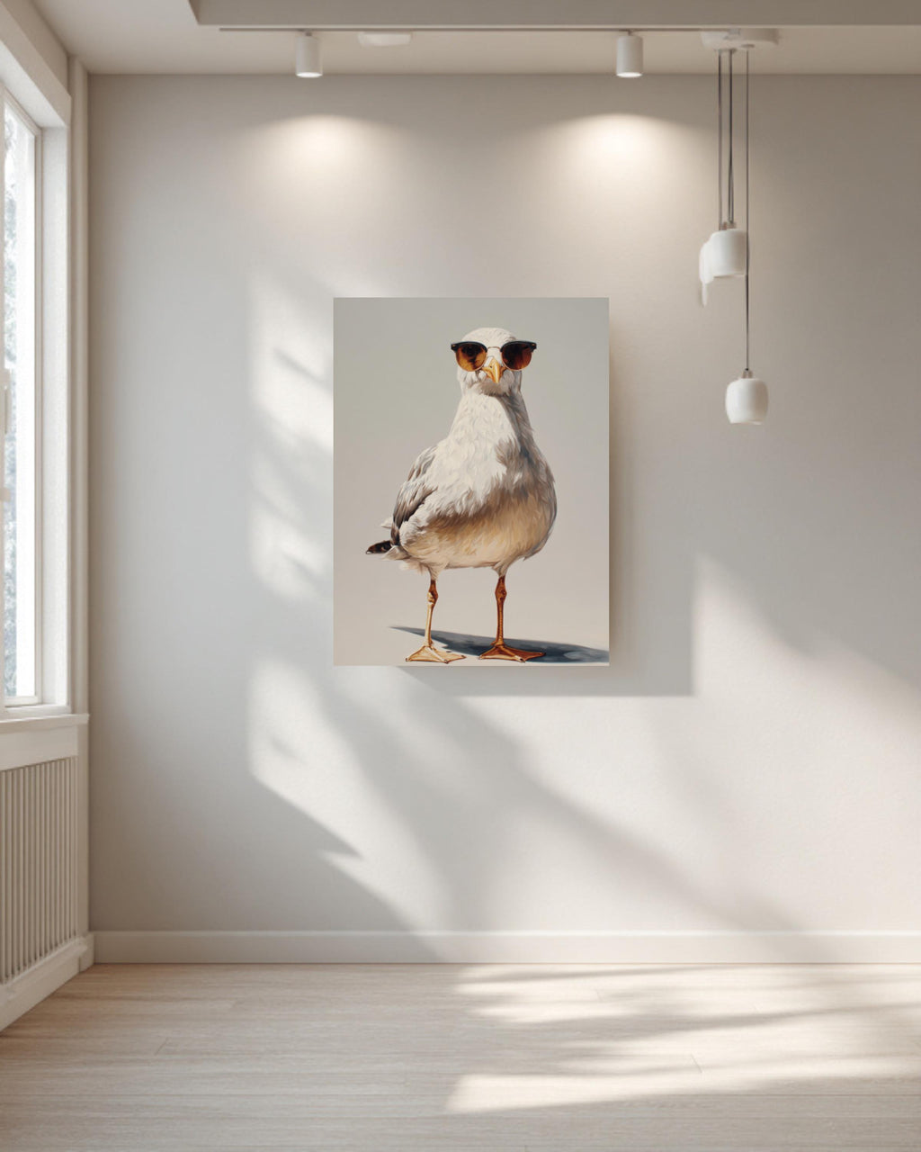 Seagull with Sunglasses Oil Painting on Canvas, Modern Coastal Art