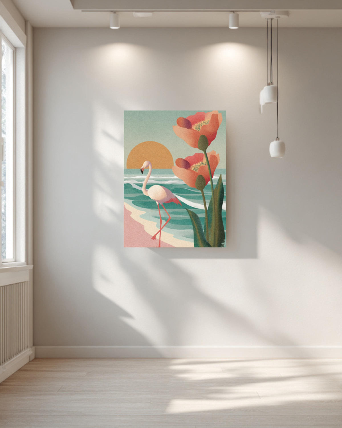 Flamingo Beach Canvas Print, Mid-Century Modern Sunset, Coastal Wall Art