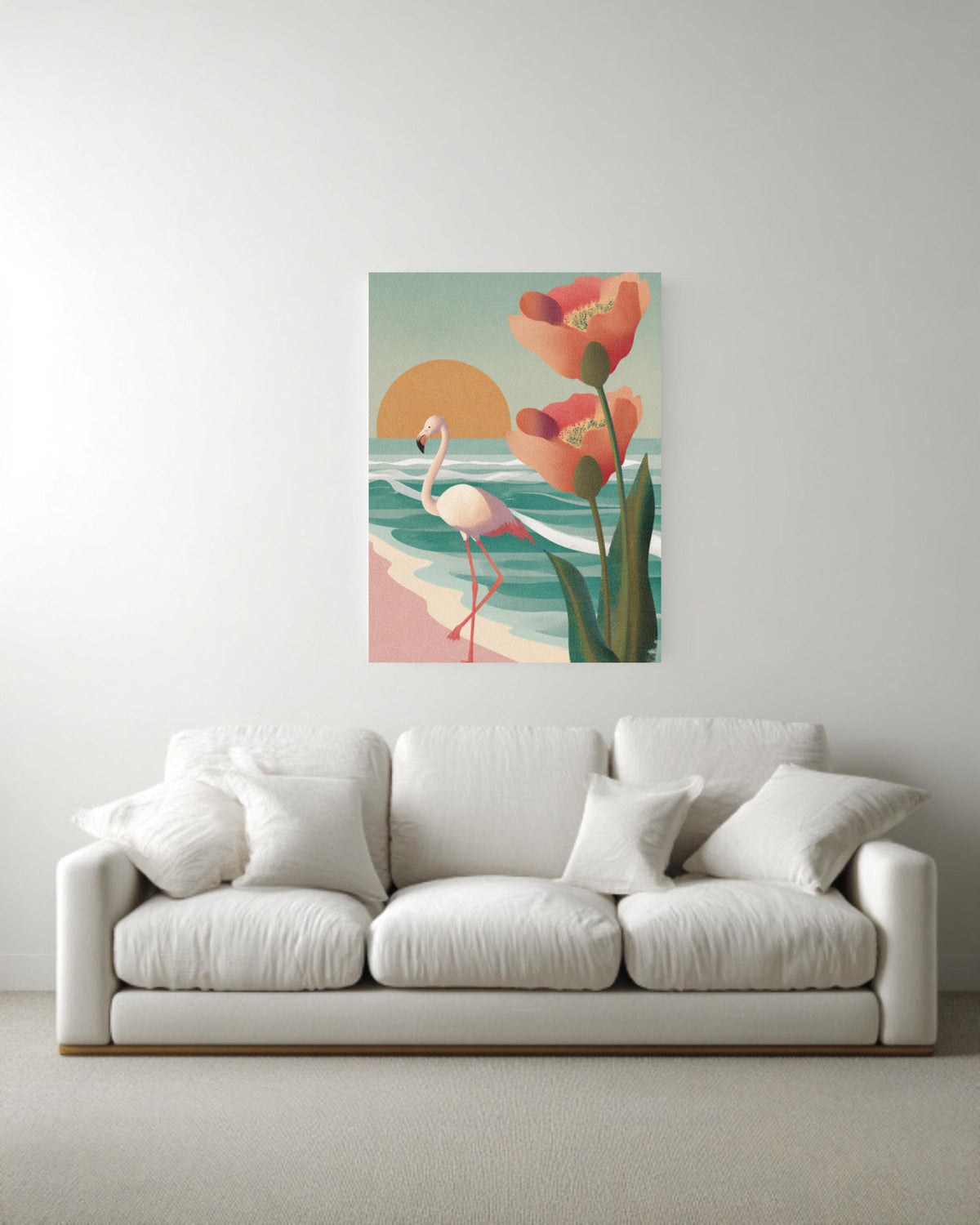 Flamingo Beach Canvas Print, Mid-Century Modern Sunset, Coastal Wall Art