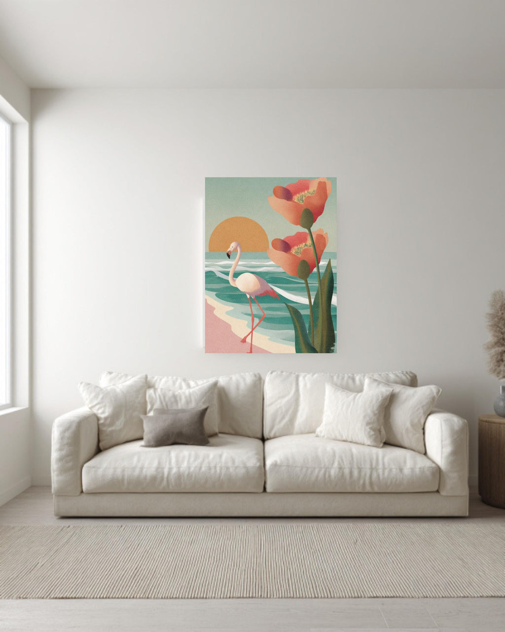 Flamingo Beach Canvas Print, Mid-Century Modern Sunset, Coastal Wall Art