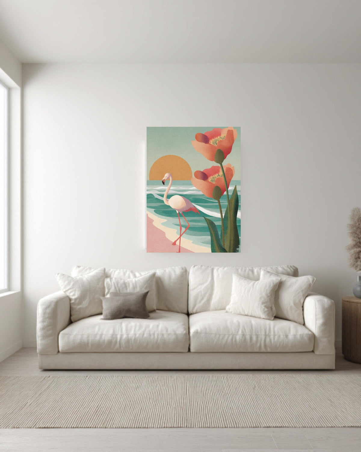 Flamingo Beach Canvas Print, Mid-Century Modern Sunset, Coastal Wall Art