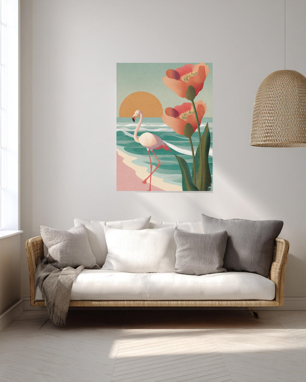 Flamingo Beach Canvas Print, Mid-Century Modern Sunset, Coastal Wall Art