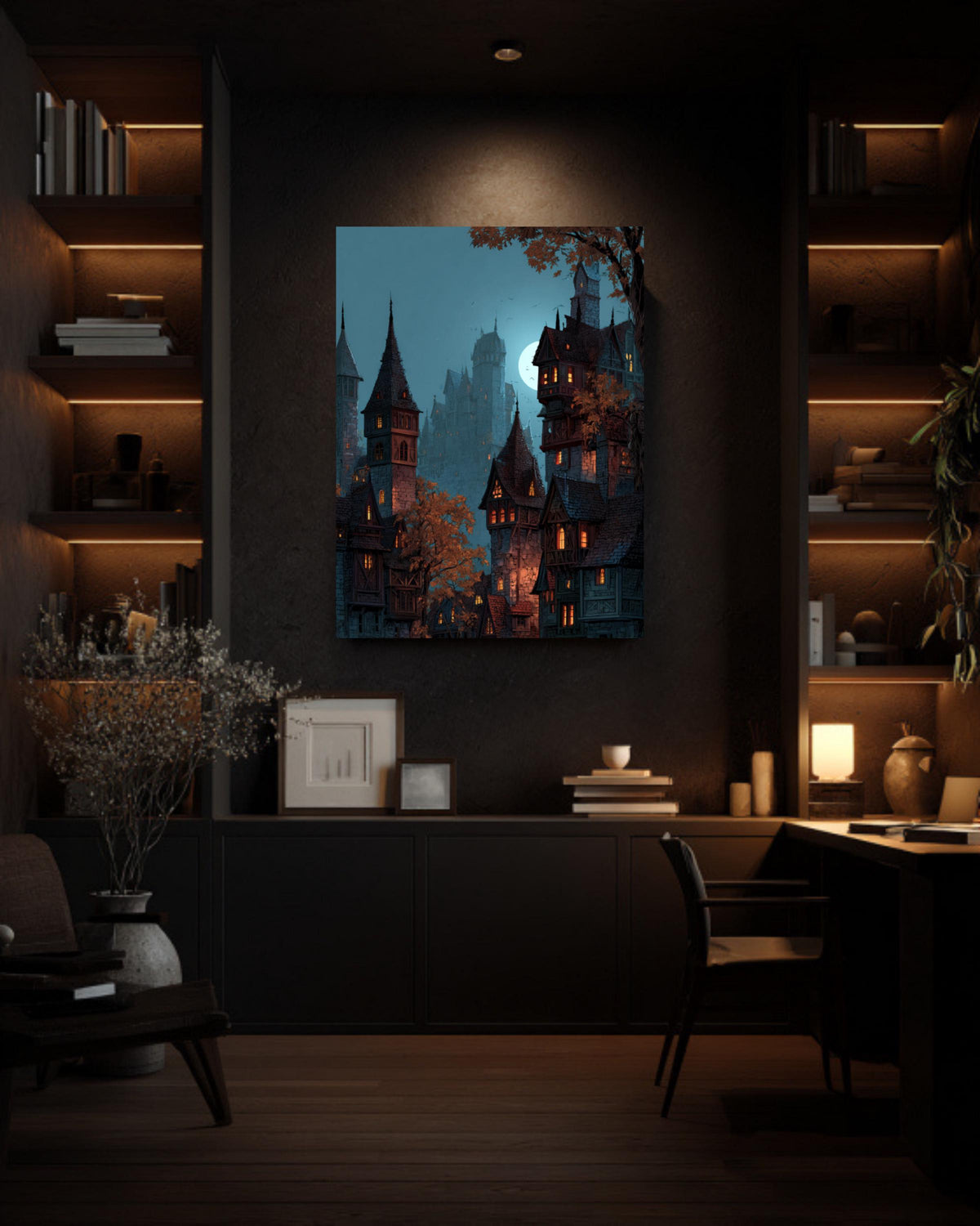 Moonlit Medieval City Canvas Art, Fantasy Wizard Castle