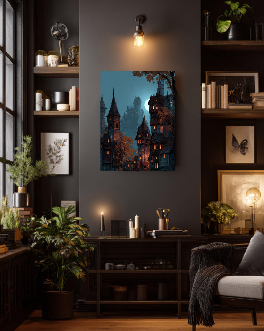 Moonlit Medieval City Canvas Art, Fantasy Wizard Castle