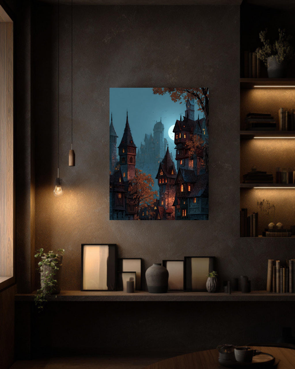 Moonlit Medieval City Canvas Art, Fantasy Wizard Castle