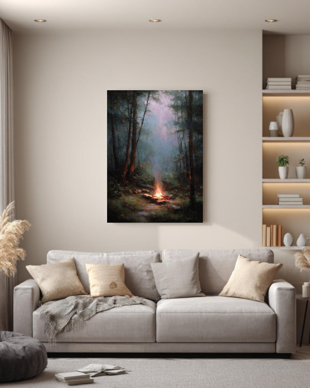 Muted Campfire Painting Rainy Woods Wall Art Oil Style Nature Decor