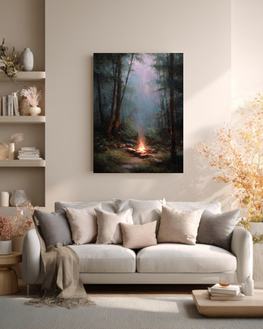 Muted Campfire Painting Rainy Woods Wall Art Oil Style Nature Decor