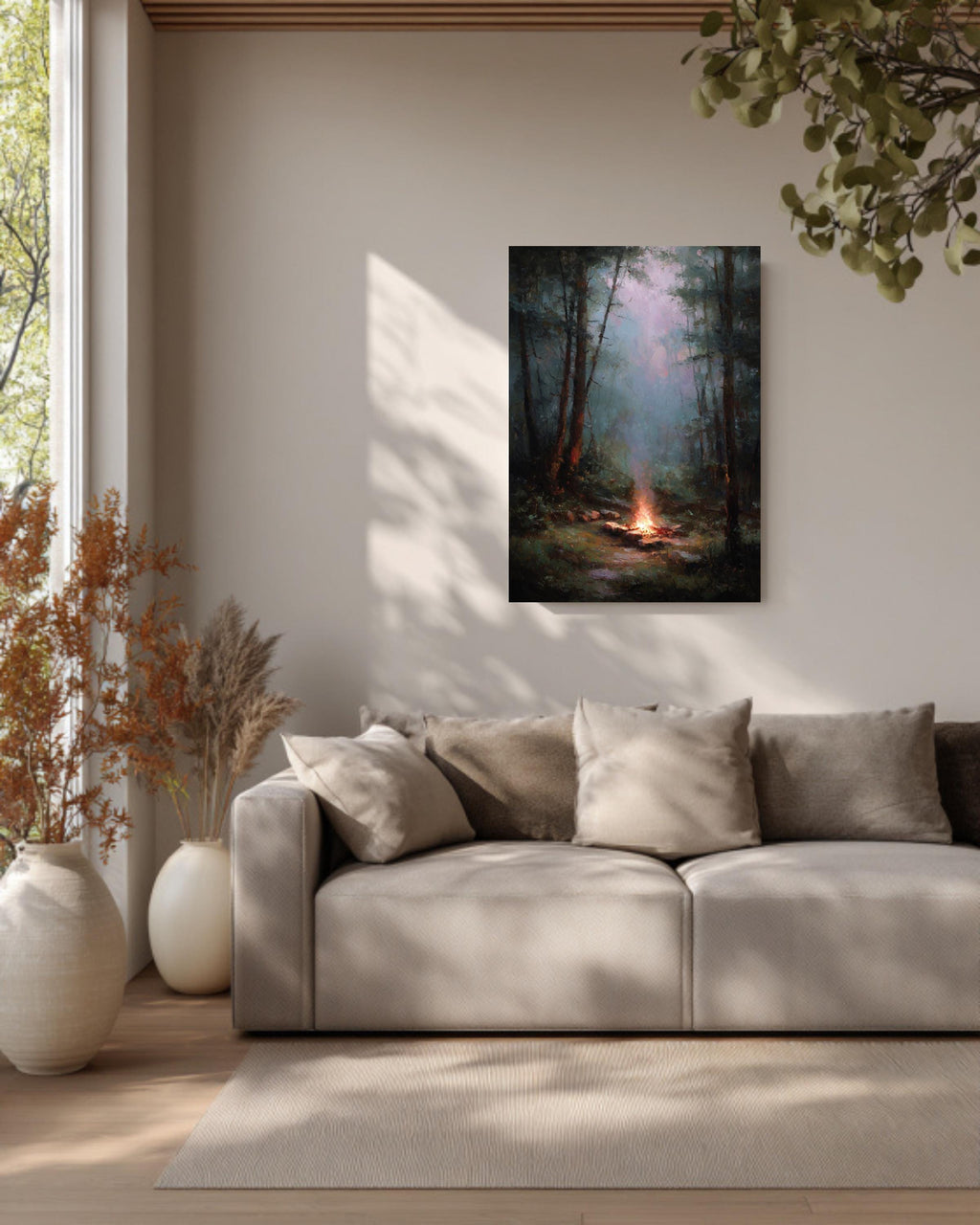 Muted Campfire Painting Rainy Woods Wall Art Oil Style Nature Decor