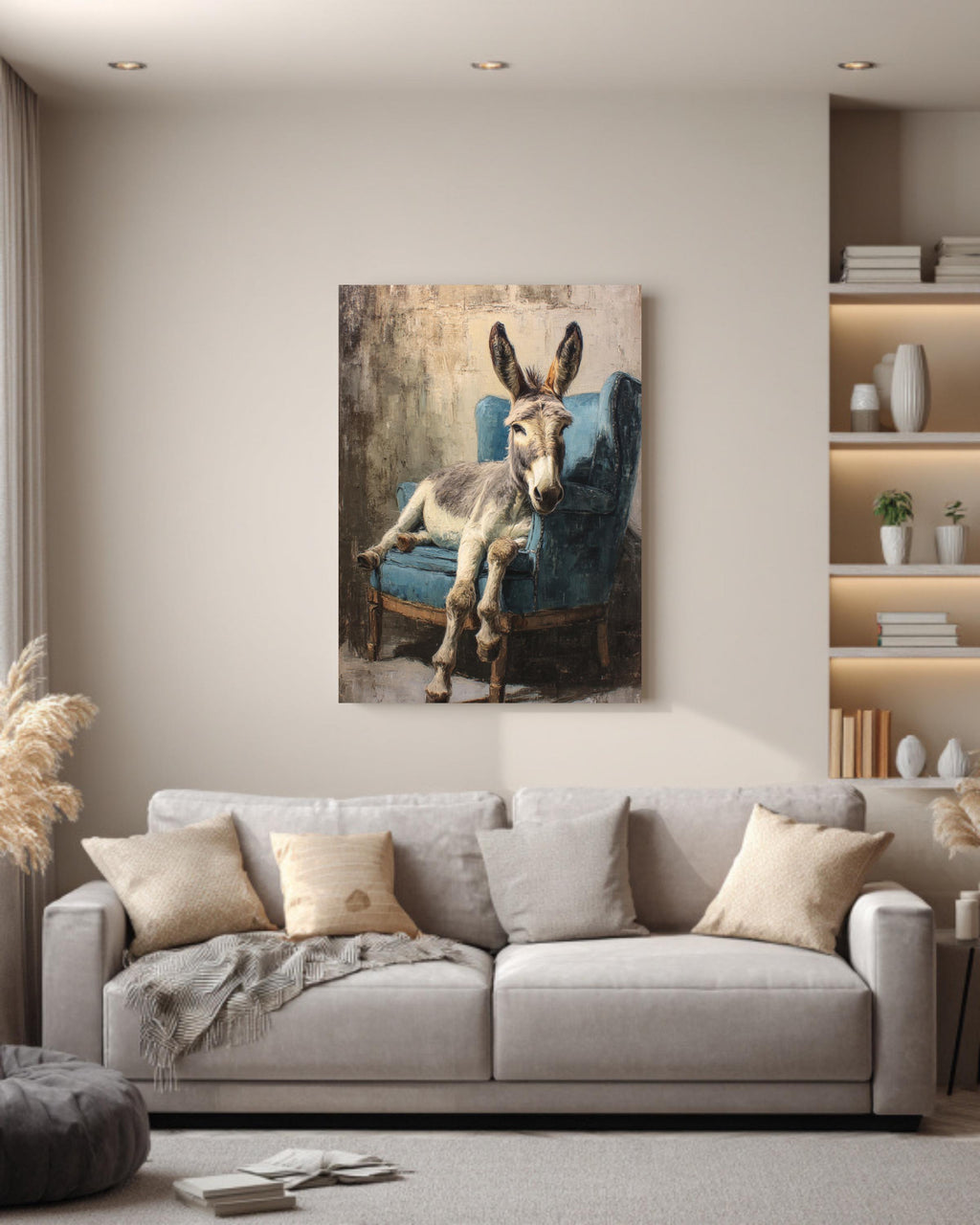 Rustic Donkey on Armchair, Oil Painting in Beige & Blue, Vintage Paris Style Wall Art, Framed Poster or Roll Print