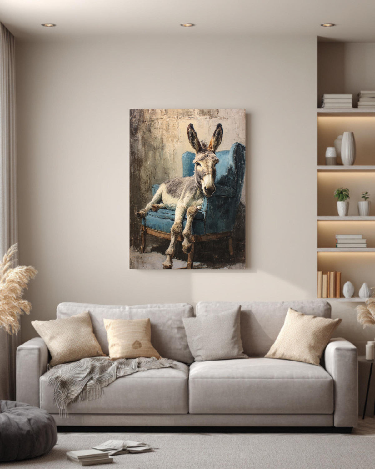 Rustic Donkey on Armchair, Oil Painting in Beige & Blue, Vintage Paris Style Wall Art, Framed Poster or Roll Print