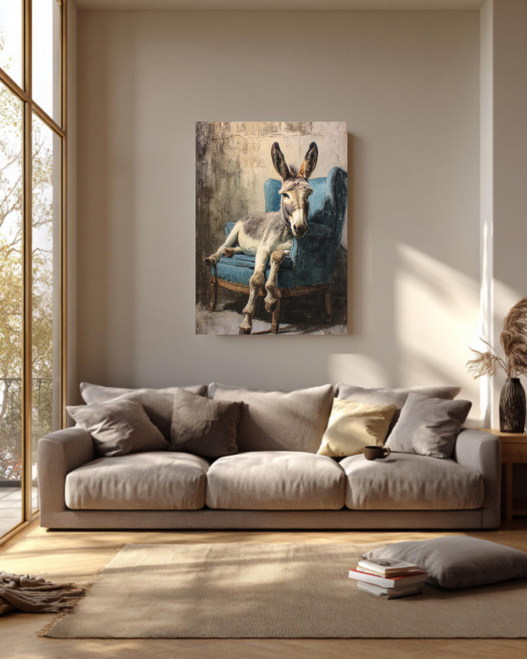 Rustic Donkey on Armchair, Oil Painting in Beige & Blue, Vintage Paris Style Wall Art, Framed Poster or Roll Print