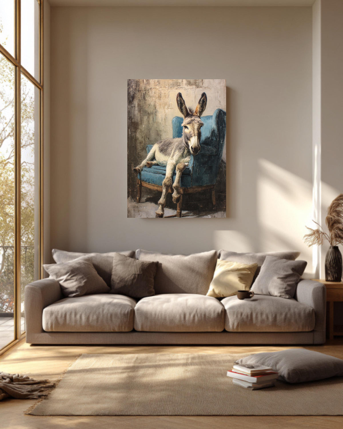 Rustic Donkey on Armchair, Oil Painting in Beige & Blue, Vintage Paris Style Wall Art, Framed Poster or Roll Print