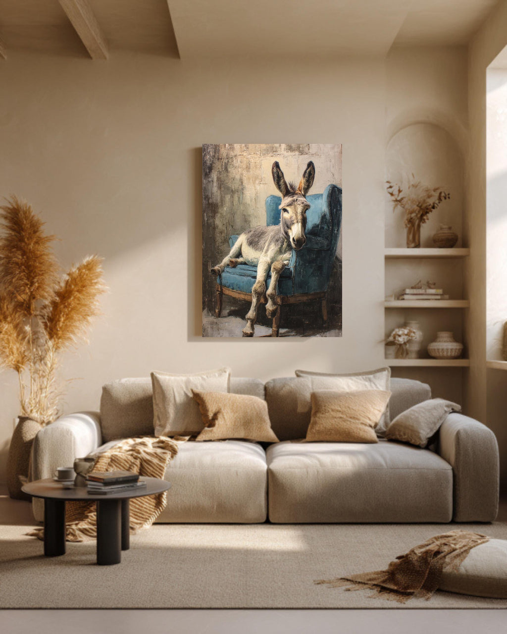 Rustic Donkey on Armchair, Oil Painting in Beige & Blue, Vintage Paris Style Wall Art, Framed Poster or Roll Print