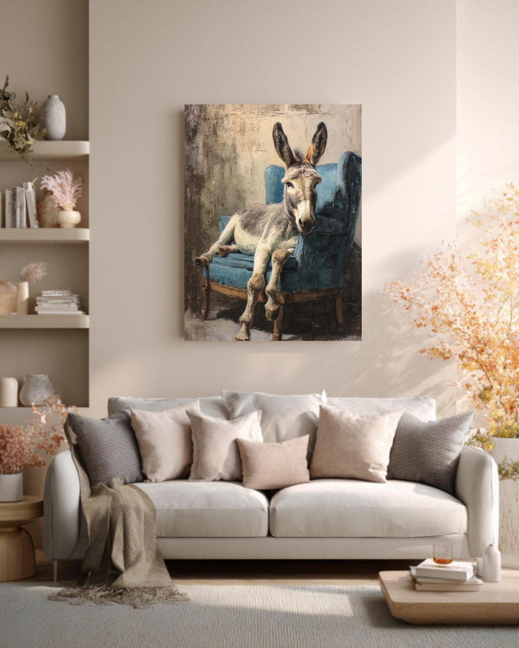 Rustic Donkey on Armchair, Oil Painting in Beige & Blue, Vintage Paris Style Wall Art, Framed Poster or Roll Print