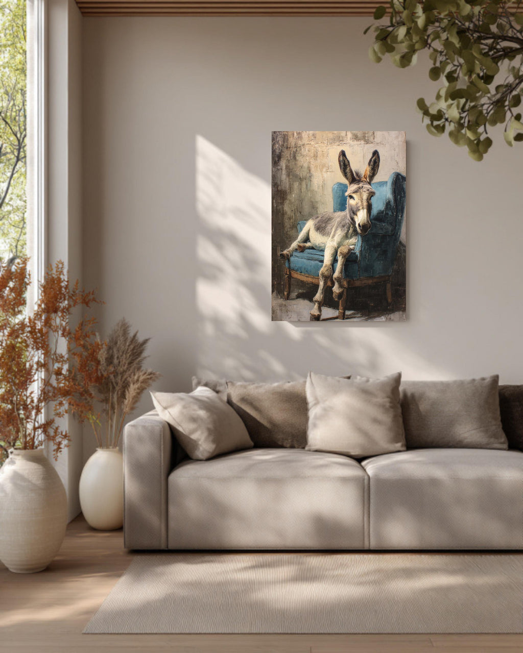 Rustic Donkey on Armchair, Oil Painting in Beige & Blue, Vintage Paris Style Wall Art, Framed Poster or Roll Print