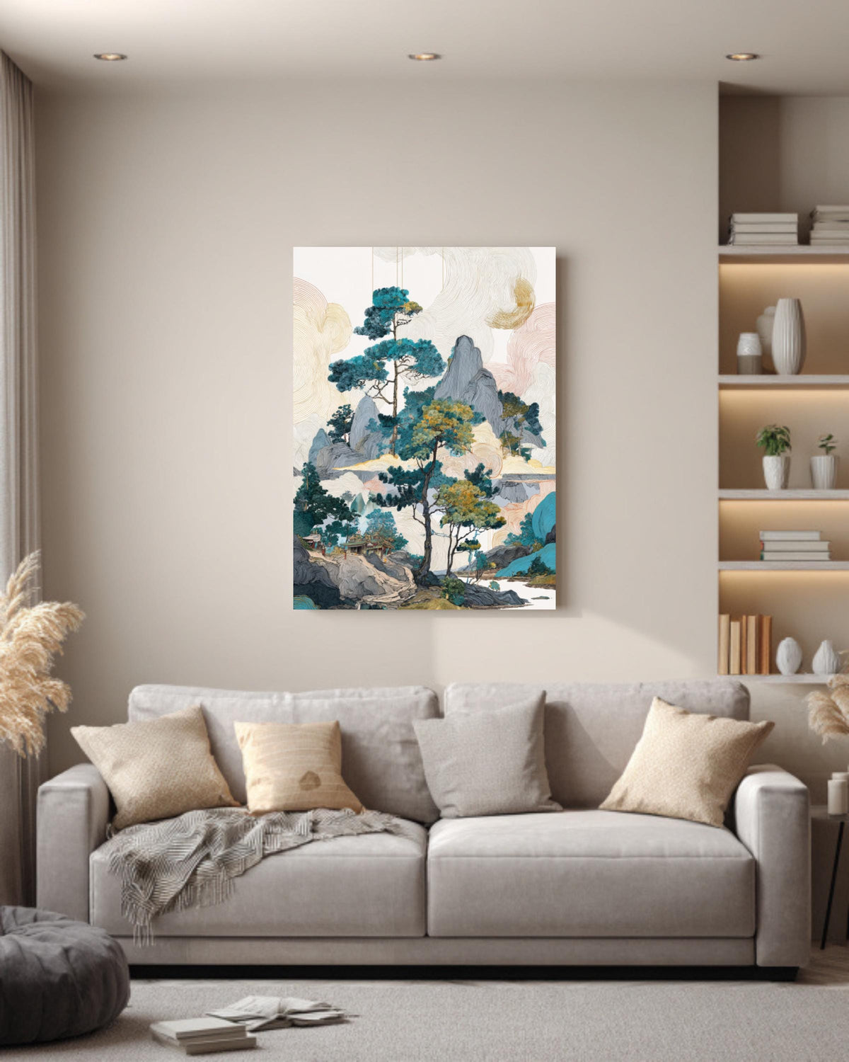 Colorful Chinese Landscape with Pine Trees & Rocks, Ink Wash Art, Fantasy-Inspired Wall Art, Framed Poster or Roll Print