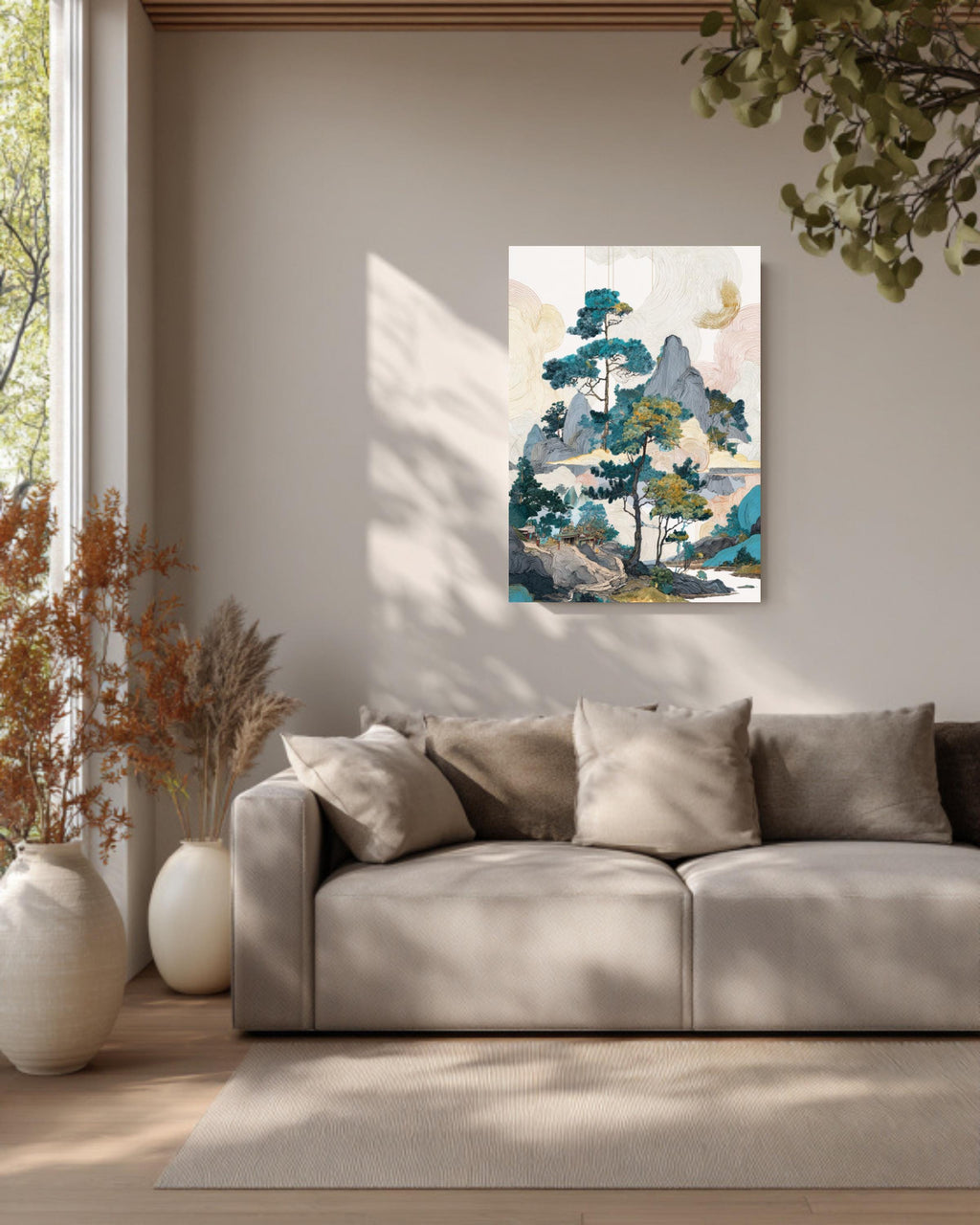 Colorful Chinese Landscape with Pine Trees & Rocks, Ink Wash Art, Fantasy-Inspired Wall Art, Framed Poster or Roll Print