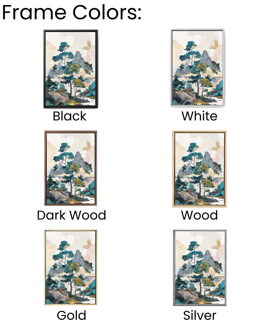 Colorful Chinese Landscape with Pine Trees & Rocks, Ink Wash Art, Fantasy-Inspired Wall Art, Framed Poster or Roll Print