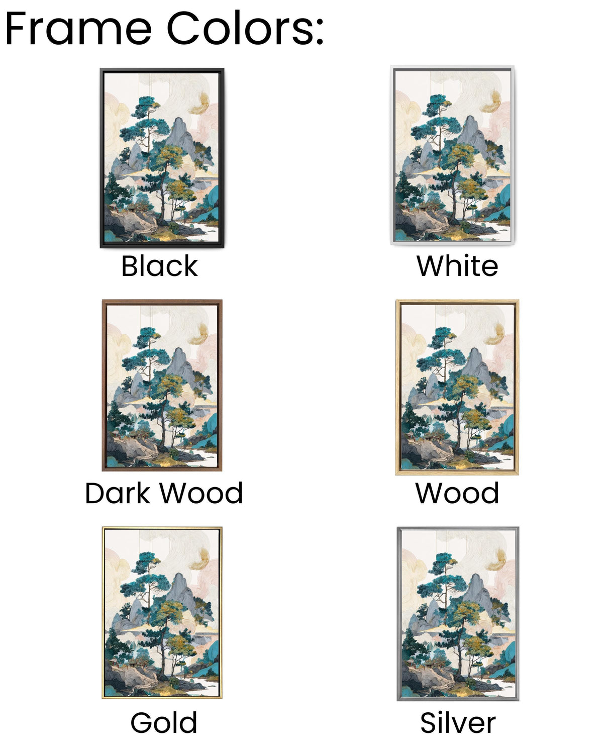 Colorful Chinese Landscape with Pine Trees & Rocks, Ink Wash Art, Fantasy-Inspired Wall Art, Framed Poster or Roll Print