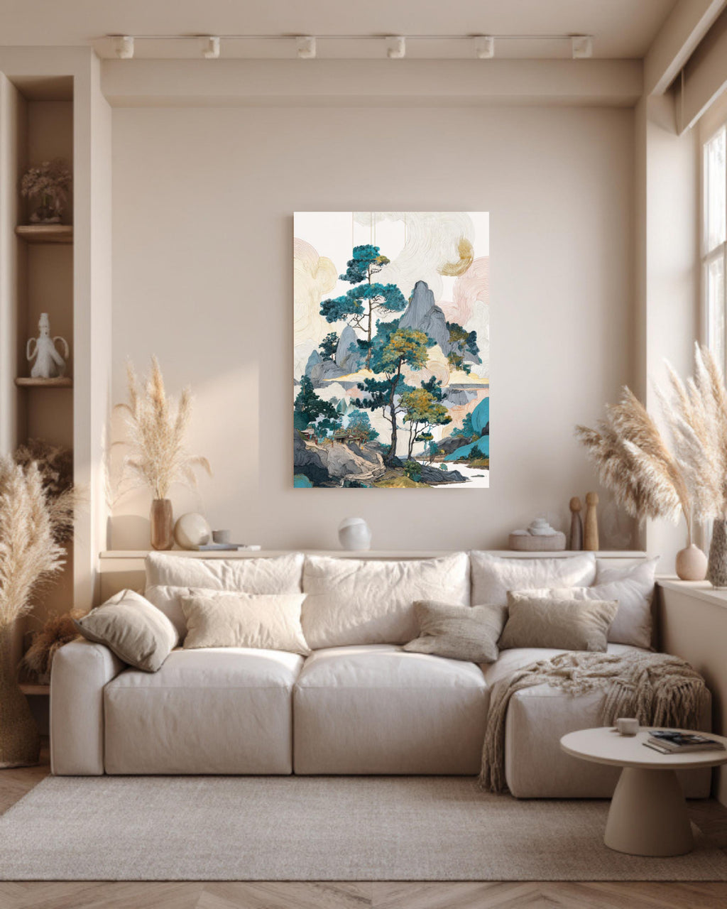 Colorful Chinese Landscape with Pine Trees & Rocks, Ink Wash Art, Fantasy-Inspired Wall Art, Framed Poster or Roll Print