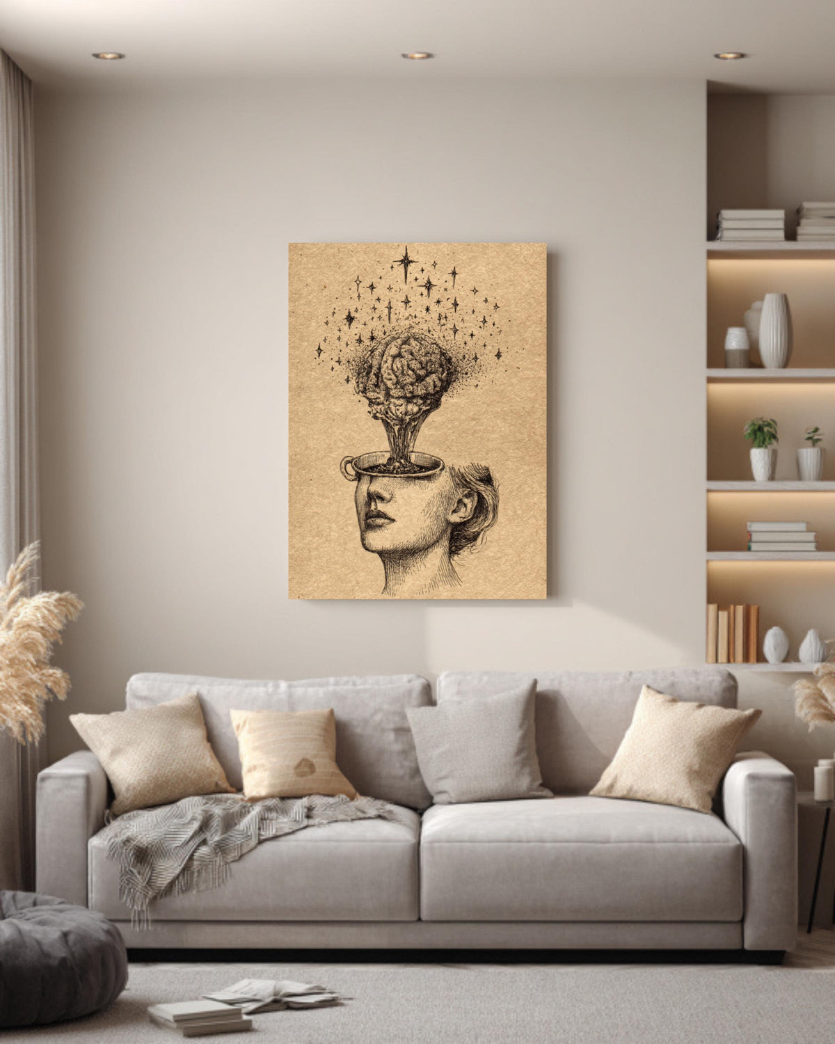 Stars Pouring from Head into Brain Cup, Vintage Ink Illustration, Hand-Drawn Wall Art, Framed Poster or Roll Print