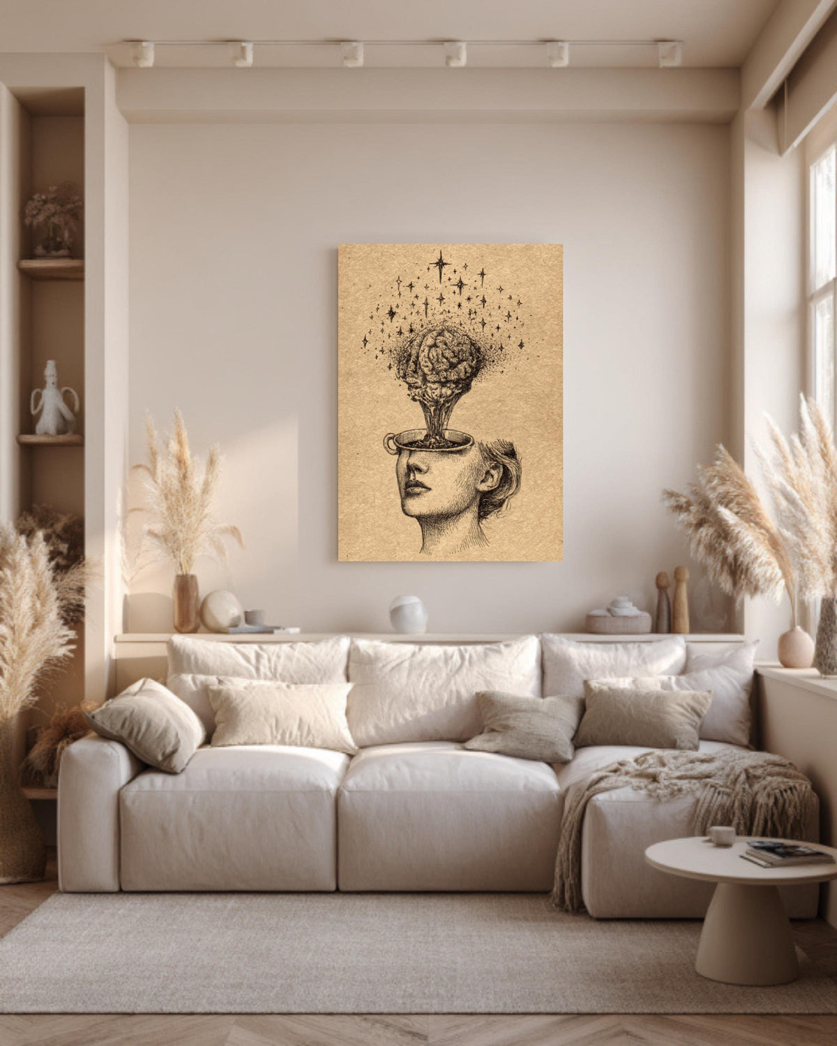 Stars Pouring from Head into Brain Cup, Vintage Ink Illustration, Hand-Drawn Wall Art, Framed Poster or Roll Print
